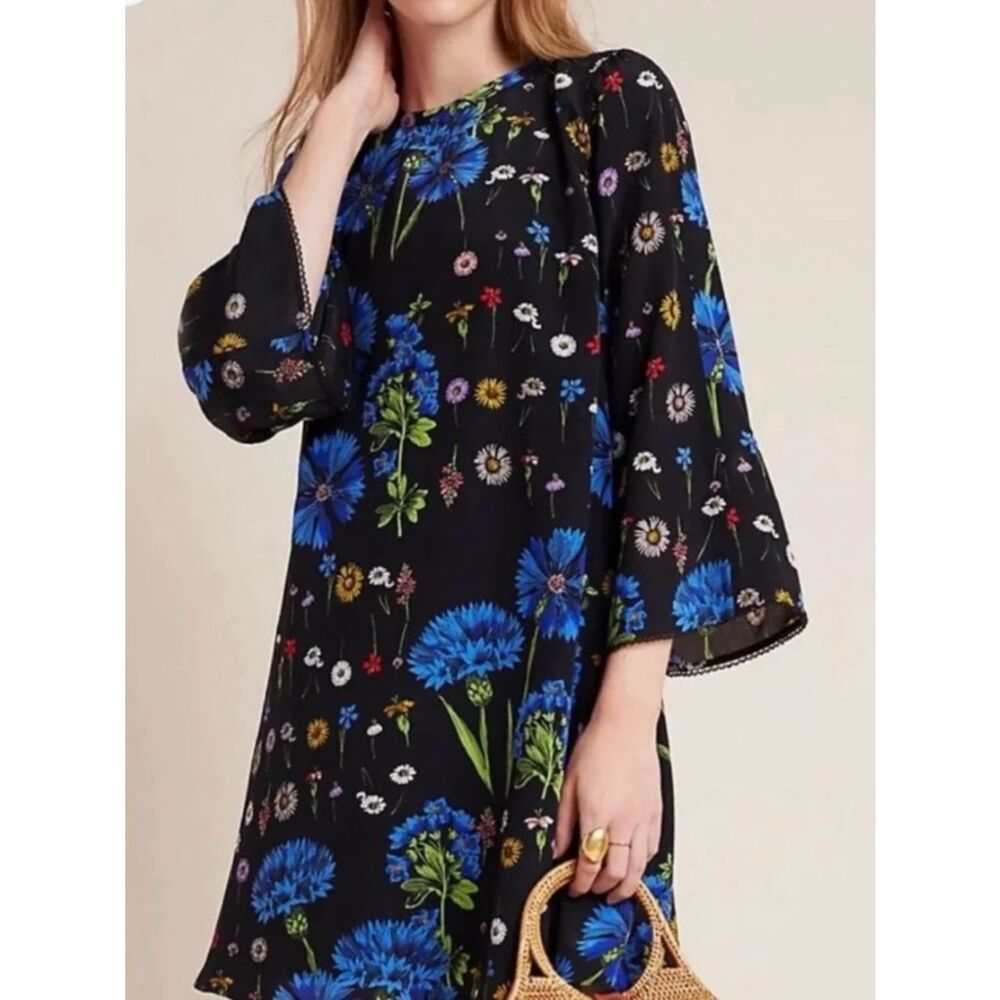 Maeve by anthropologie Black Mini Dress with Blue Floral Print 100% silk